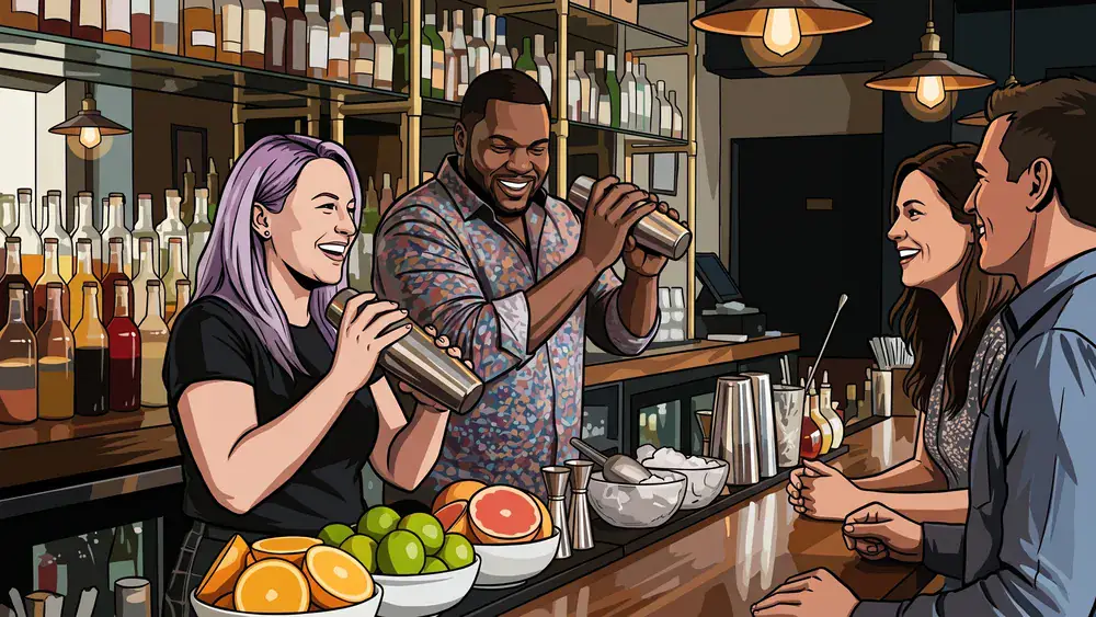 Cocktailkurs in Düsseldorf – Gruppe mixt Cocktails an einer Bar unter Anleitung