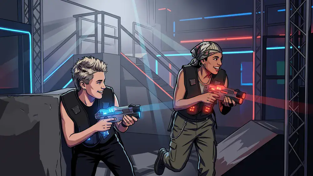 LaserTag Evolution Düsseldorf – Zwei Personen in einer dunklen Arena mit Neonlichtern