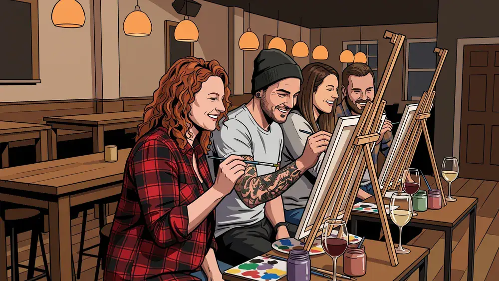 Painting Party in Düsseldorf – Gruppe malt an Staffeleien mit Wein in gemütlicher Atmosphäre