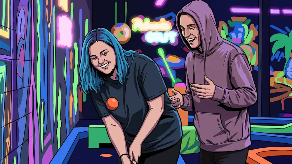 Schwarzlicht Minigolf in Düsseldorf – Zwei Personen spielen Minigolf in leuchtender 3D-Neonwelt