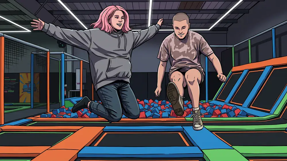Superfly Trampolinpark in Düsseldorf – Zwei Personen springen auf Trampolinen