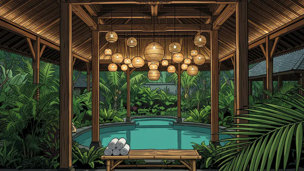 Vabali Spa in Düsseldorf – Balinesische Saunalandschaft mit Holzpavillons und Ruhezonen