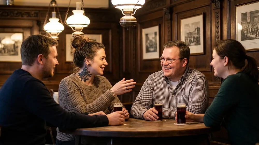 Brauerei Schumacher in Düsseldorf – Team trinkt Altbier an langen Tischen in einem traditionellen Brauhaus auf der Oststraße