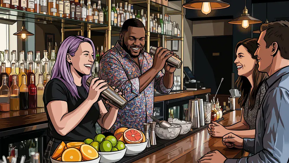 Cocktailkurs in Düsseldorf – Team mixt Cocktails an einer Bar unter Anleitung