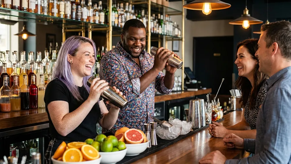 Cocktailkurs in Düsseldorf – Team mixt Cocktails an einer Bar unter Anleitung in der Altstadt