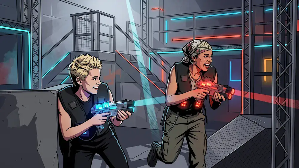 Lasertag in Düsseldorf – Team in taktischen Westen spielt in einer dunklen Neon-Arena