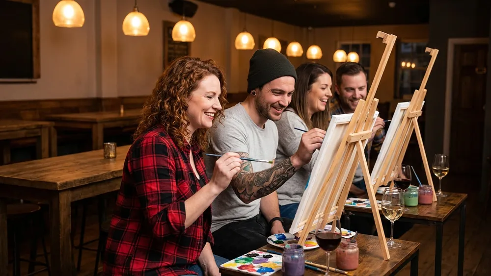 Painting Party in Düsseldorf – Team malt an Staffeleien mit Wein in gemütlicher Bar-Atmosphäre