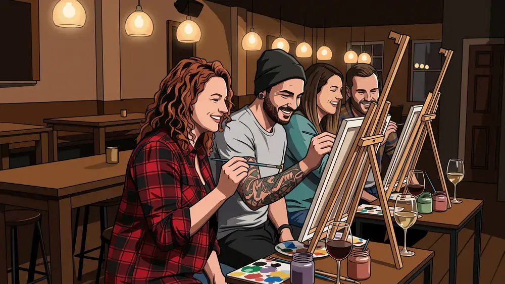Painting Party in Düsseldorf – Team malt an Staffeleien mit Wein in gemütlicher Bar-Atmosphäre