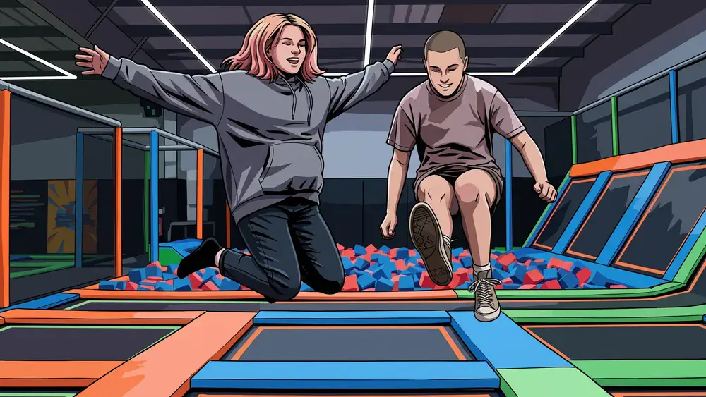 Superfly Trampolinpark in Düsseldorf – Team springt auf großer Trampolinfläche und absolviert Ninja-Parcours