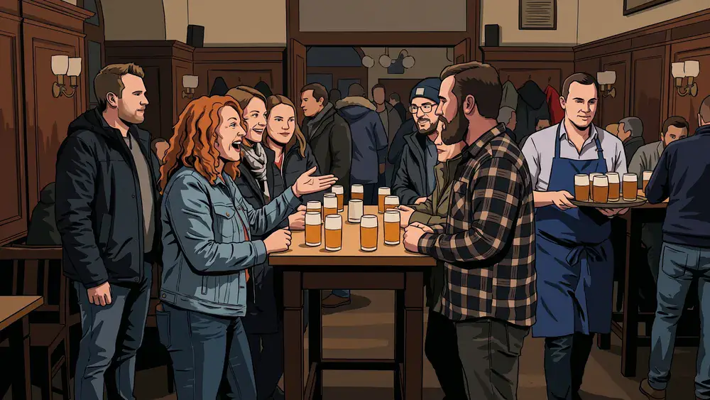 Altbier-Tour in Düsseldorf – JGA-Runde trinkt Alt an einem Stehtisch im Hausbrauhaus