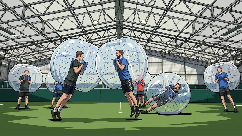 Bubble Soccer in Düsseldorf – JGA-Gruppe rempelt sich in aufblasbaren Bällen über den Hallenplatz
