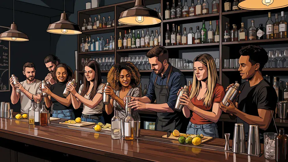 Cocktailkurs in Düsseldorf – JGA-Runde shakt eigene Drinks hinter der Bartheke