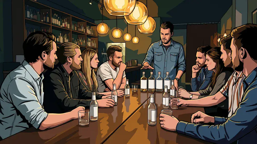 Gin-Tasting in Düsseldorf – JGA-Runde verkostet Gins an einem Holztisch in der Lupin Bar