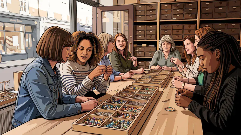 Schmuck-Workshop in Düsseldorf – JGA-Runde stellt am Tisch eigene Charm-Armbänder zusammen