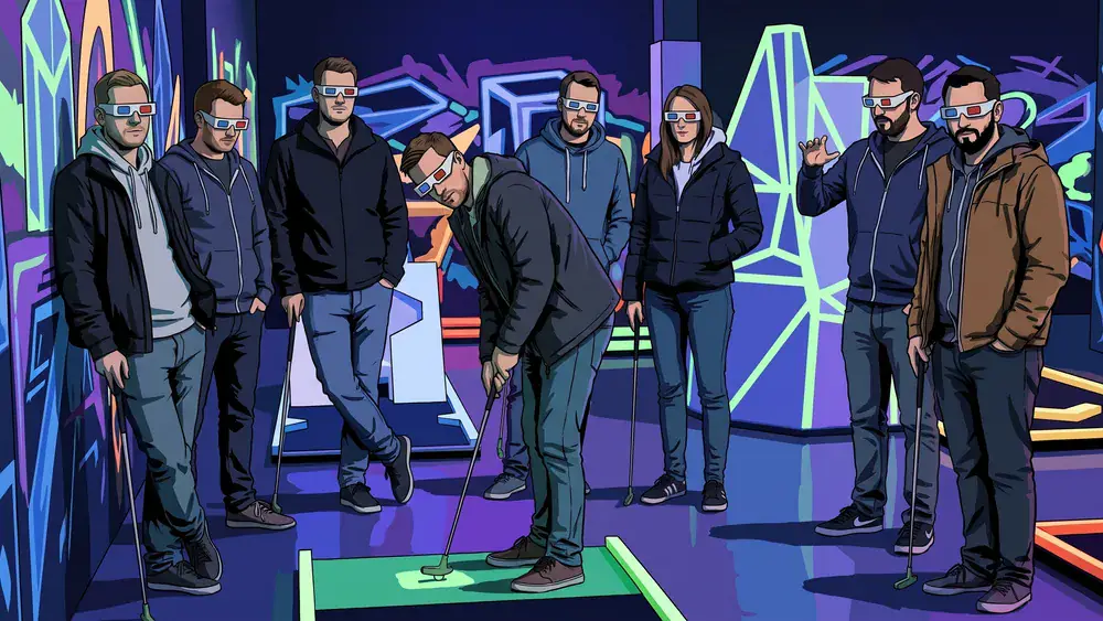 Schwarzlicht-Minigolf in Düsseldorf – JGA-Gruppe spielt mit 3D-Brillen durch die Neonbahnen