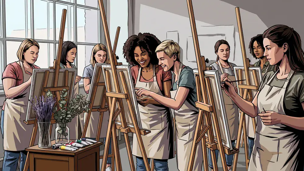 Sip and Paint in Düsseldorf – JGA-Runde malt an Staffeleien im Atelier in Oberkassel