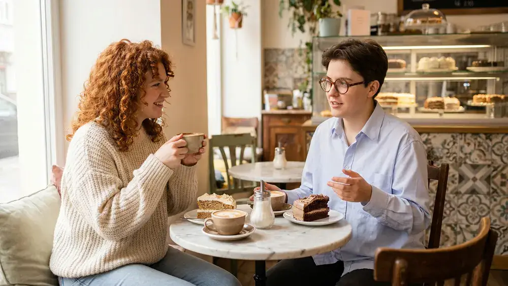 Café Hüftgold in Düsseldorf – Zwei Personen frühstücken mit Kuchen und Kaffee im gemütlichen Café