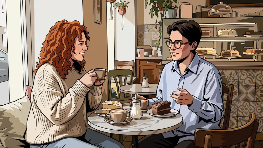 Café Hüftgold in Düsseldorf – Zwei Personen frühstücken mit Kuchen und Kaffee im gemütlichen Café