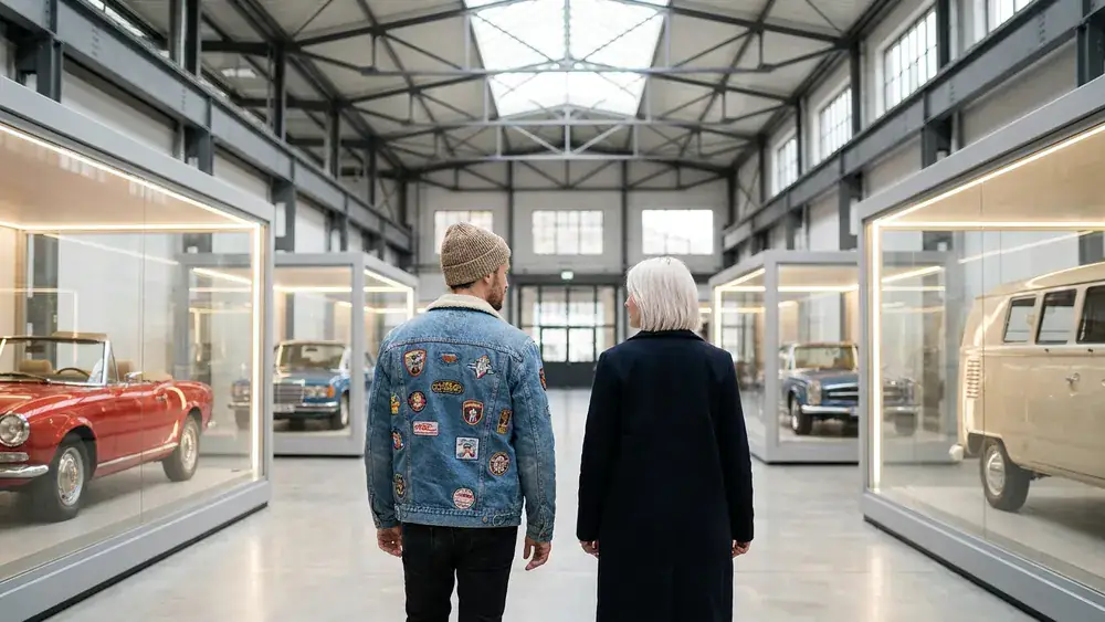 Classic Remise Düsseldorf – Zwei Personen schlendern durch die Halle mit Oldtimern