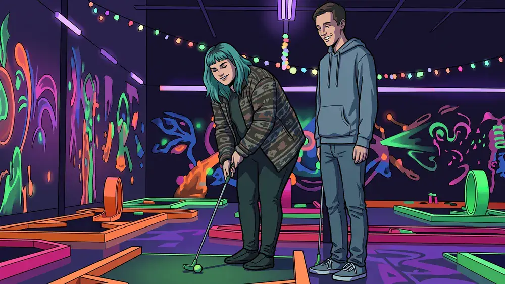Glowzone Schwarzlicht Minigolf in Düsseldorf – Zwei Personen spielen in leuchtender 3D-Neonwelt