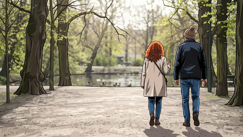 Hofgarten in Düsseldorf – Zwei Personen spazieren auf dem Weg durch den Park mit alten Bäumen
