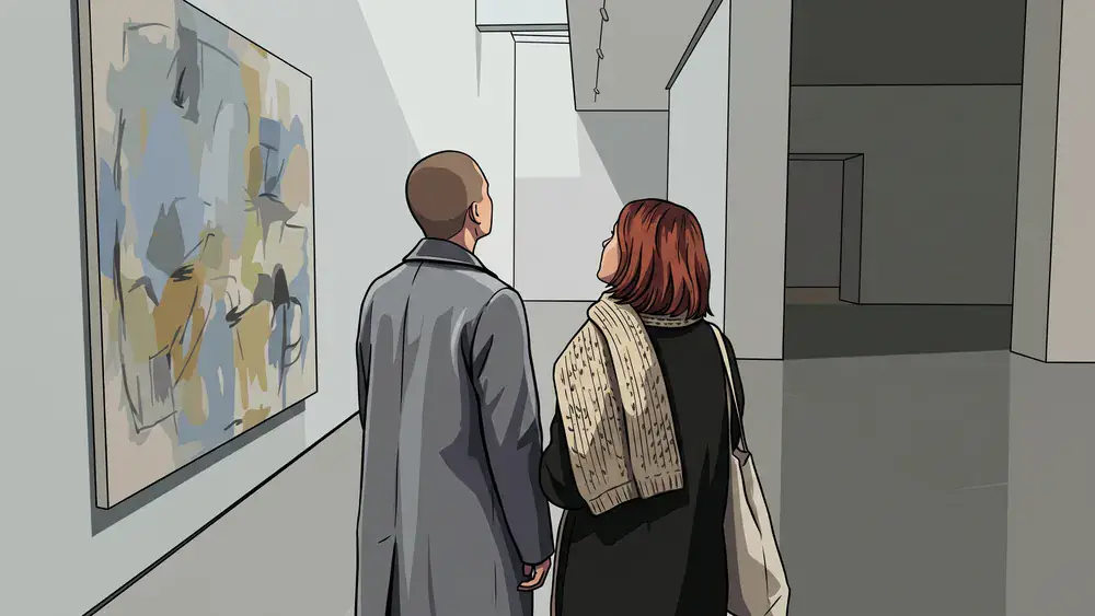 K20 Kunstsammlung NRW in Düsseldorf – Zwei Personen betrachten Kunst in der hellen Museumsgalerie