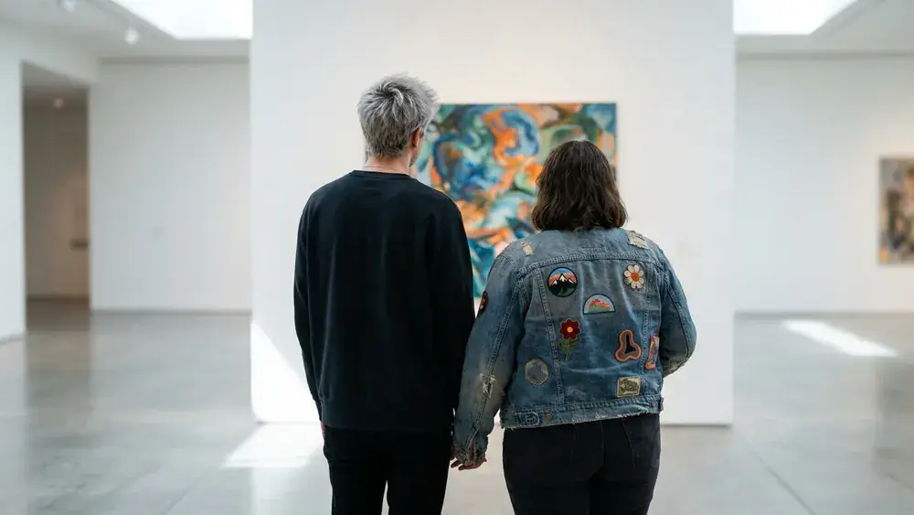 Kunstpalast in Düsseldorf – Zwei Personen betrachten Kunst in der hellen Ausstellungshalle