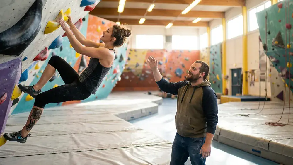 Monkey Spot Boulderhalle in Düsseldorf – Zwei Personen klettern an bunten Griffen
