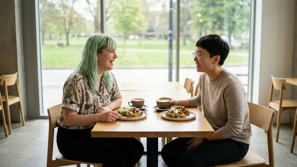 PONG in Düsseldorf – Zwei Personen brunchen im Museumscafé mit Blick in den Hofgarten