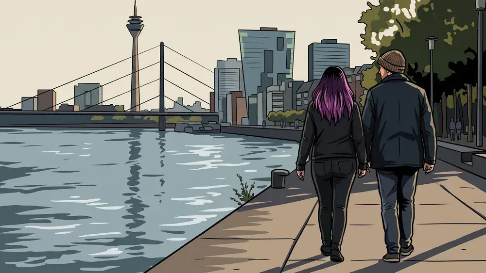 Rheinuferpromenade in Düsseldorf – Spaziergänger am Rhein mit Blick auf den Rheinturm
