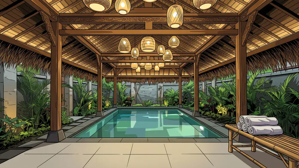 Vabali Spa in Düsseldorf – Balinesische Saunalandschaft mit Holzpavillons und Ruhezonen