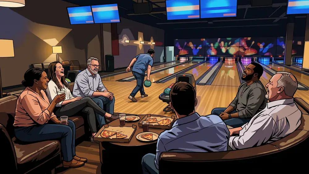 Bowling in Düsseldorf – Team spielt und jubelt an einer Bahn im Bowling Planet