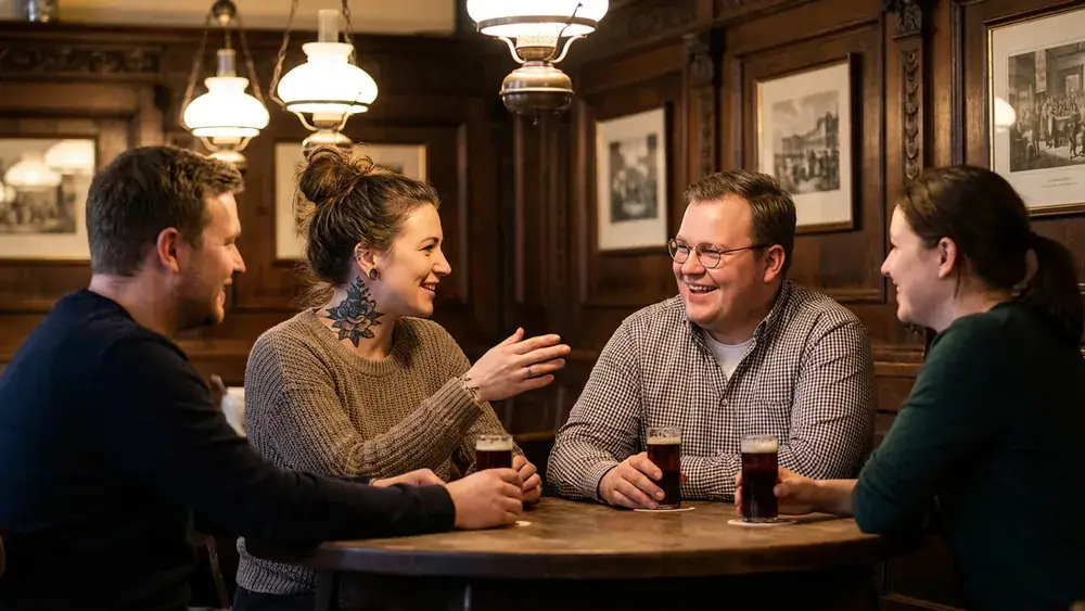 Brauerei Schumacher in Düsseldorf – Team trinkt Altbier an langen Tischen in einem traditionellen Brauhaus auf der Oststraße