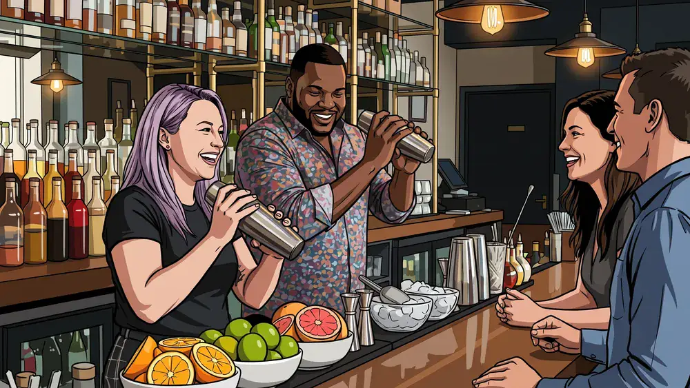 Cocktailkurs in Düsseldorf – Team mixt Cocktails an einer Bar unter Anleitung