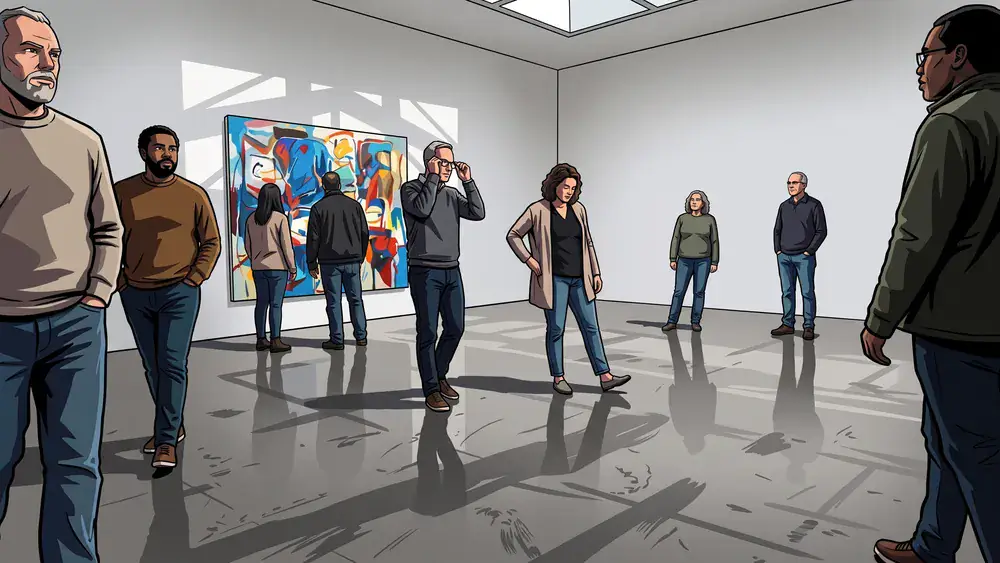 Kunstpalast in Düsseldorf – Kollegen betrachten Kunst in der hellen Ausstellungshalle