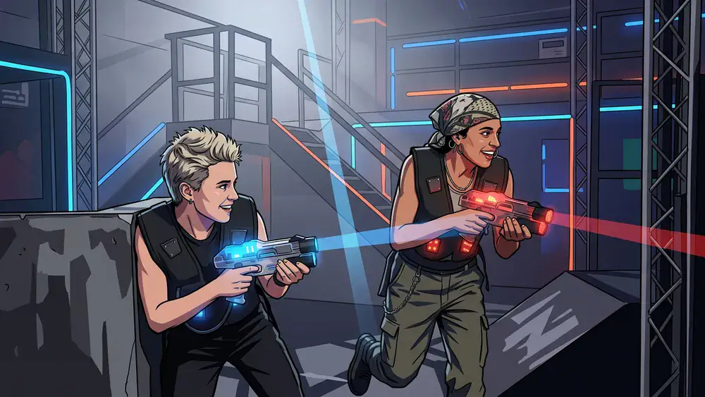 Lasertag in Düsseldorf – Team in taktischen Westen spielt in einer dunklen Neon-Arena
