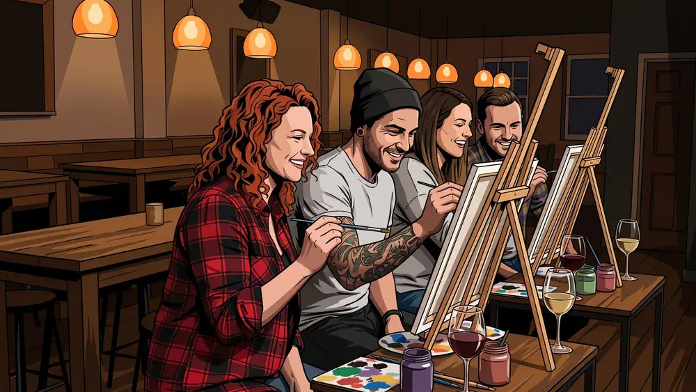 Painting Party in Düsseldorf – Team malt an Staffeleien mit Wein in gemütlicher Bar-Atmosphäre