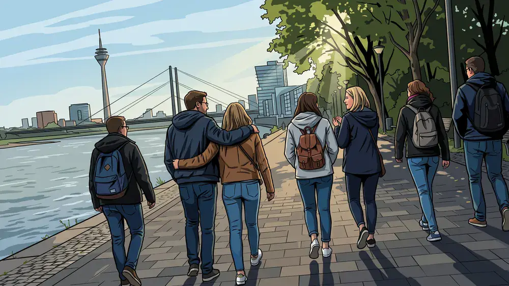 Rheinuferpromenade in Düsseldorf – Kollegen spazieren am Rhein mit Blick auf den Rheinturm