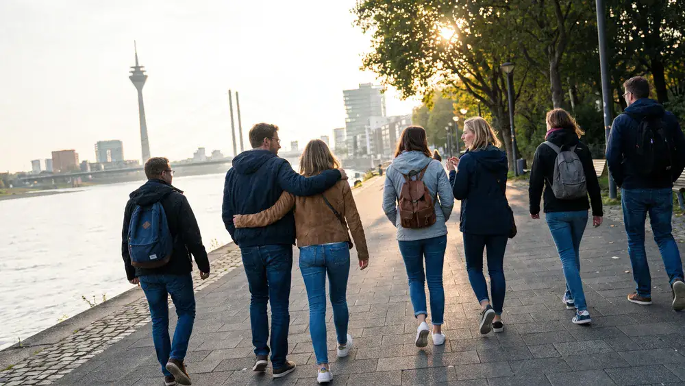 Rheinuferpromenade in Düsseldorf – Kollegen spazieren am Rhein mit Blick auf den Rheinturm