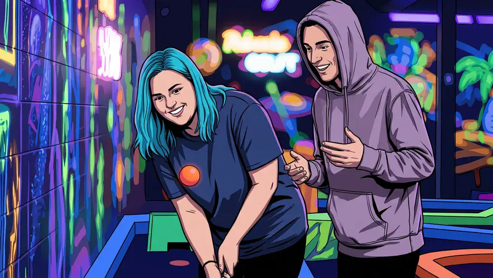 Schwarzlicht Minigolf in Düsseldorf – Team spielt Minigolf in leuchtender 3D-Neonwelt