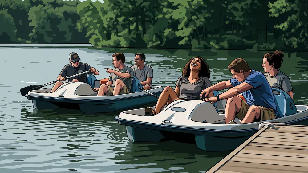 Tretbootfahren am Unterbacher See in Düsseldorf – Kollegen fahren auf mehreren Tretbooten über den See