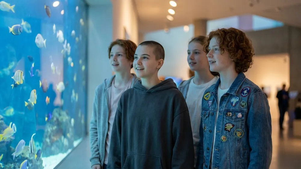 Aquazoo Löbbecke Museum in Düsseldorf – Schüler stehen fasziniert vor einem beleuchteten Aquarium