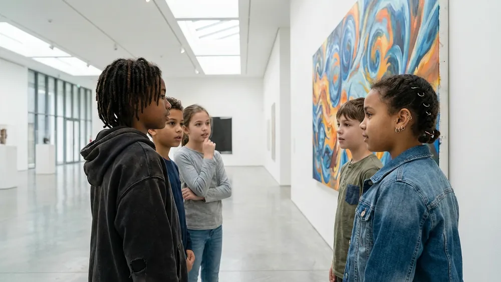 Kunstpalast in Düsseldorf – Schüler betrachten ein großes Gemälde in einer hellen Galerie