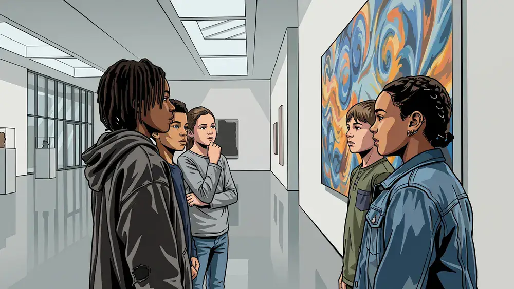 Kunstpalast in Düsseldorf – Schüler betrachten ein großes Gemälde in einer hellen Galerie