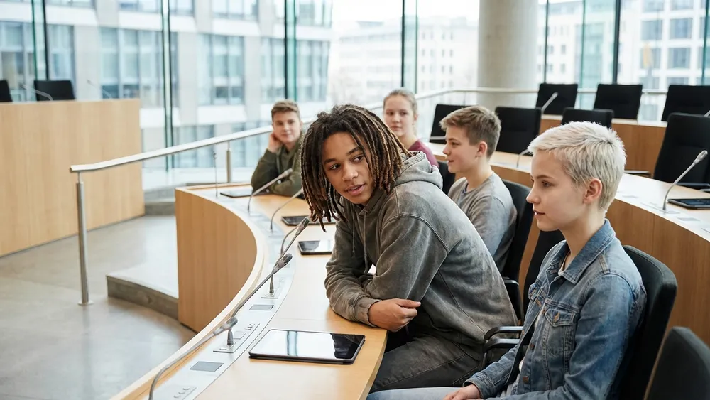 Landtag NRW in Düsseldorf – Schüler sitzen im Plenarsaal des Landesparlaments