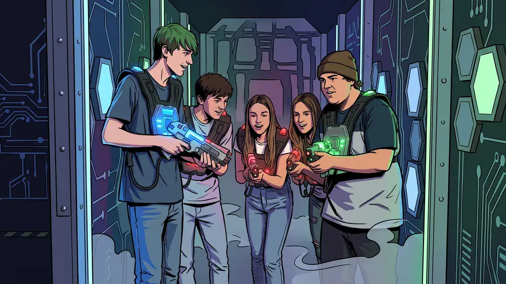 LaserTag Evolution in Düsseldorf – Schüler spielen Lasertag in einer futuristischen Arena