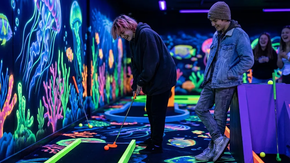 Schwarzlicht Minigolf in Düsseldorf – Schüler spielen Minigolf unter leuchtenden 3D-Graffiti