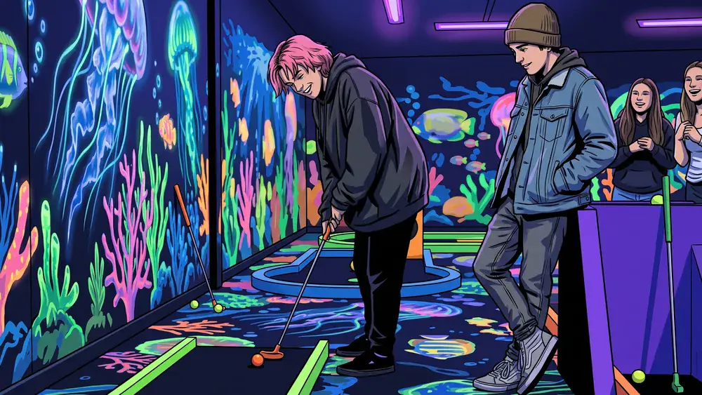 Schwarzlicht Minigolf in Düsseldorf – Schüler spielen Minigolf unter leuchtenden 3D-Graffiti
