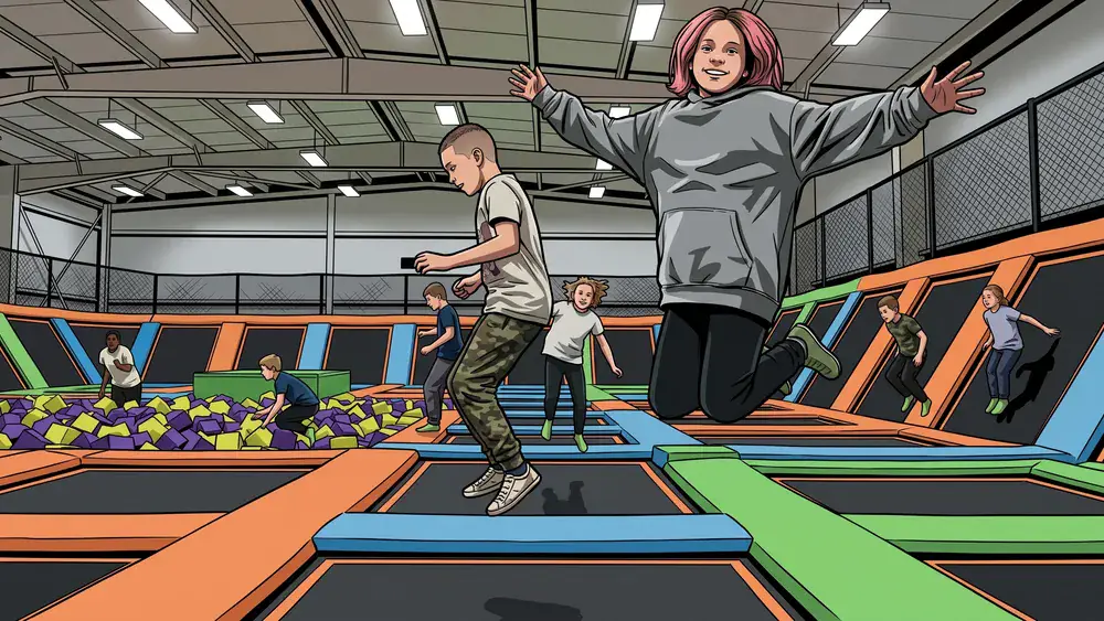 Superfly Trampolinpark in Düsseldorf – Schüler springen auf Trampolinen in einer bunten Halle