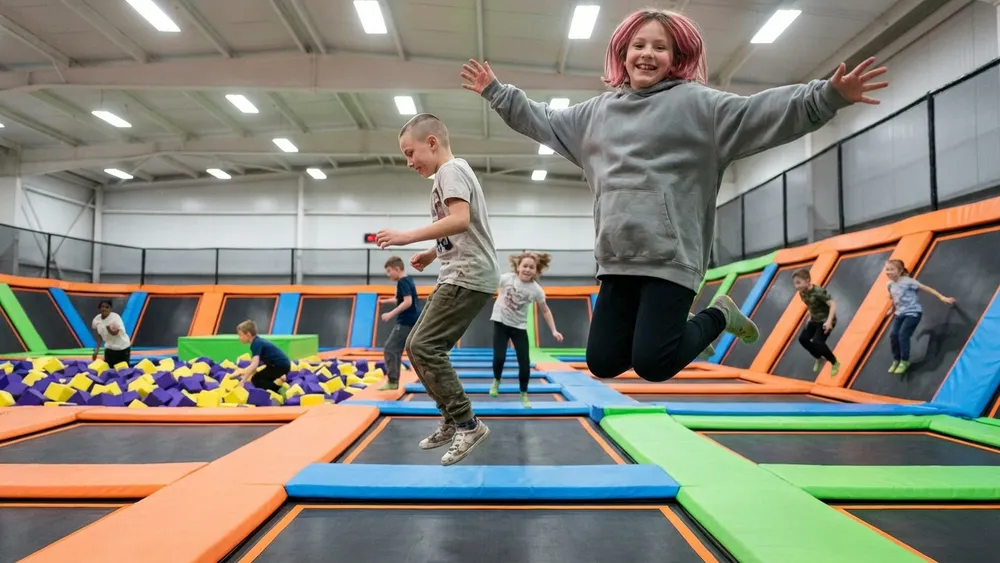 Superfly Trampolinpark in Düsseldorf – Schüler springen auf Trampolinen in einer bunten Halle
